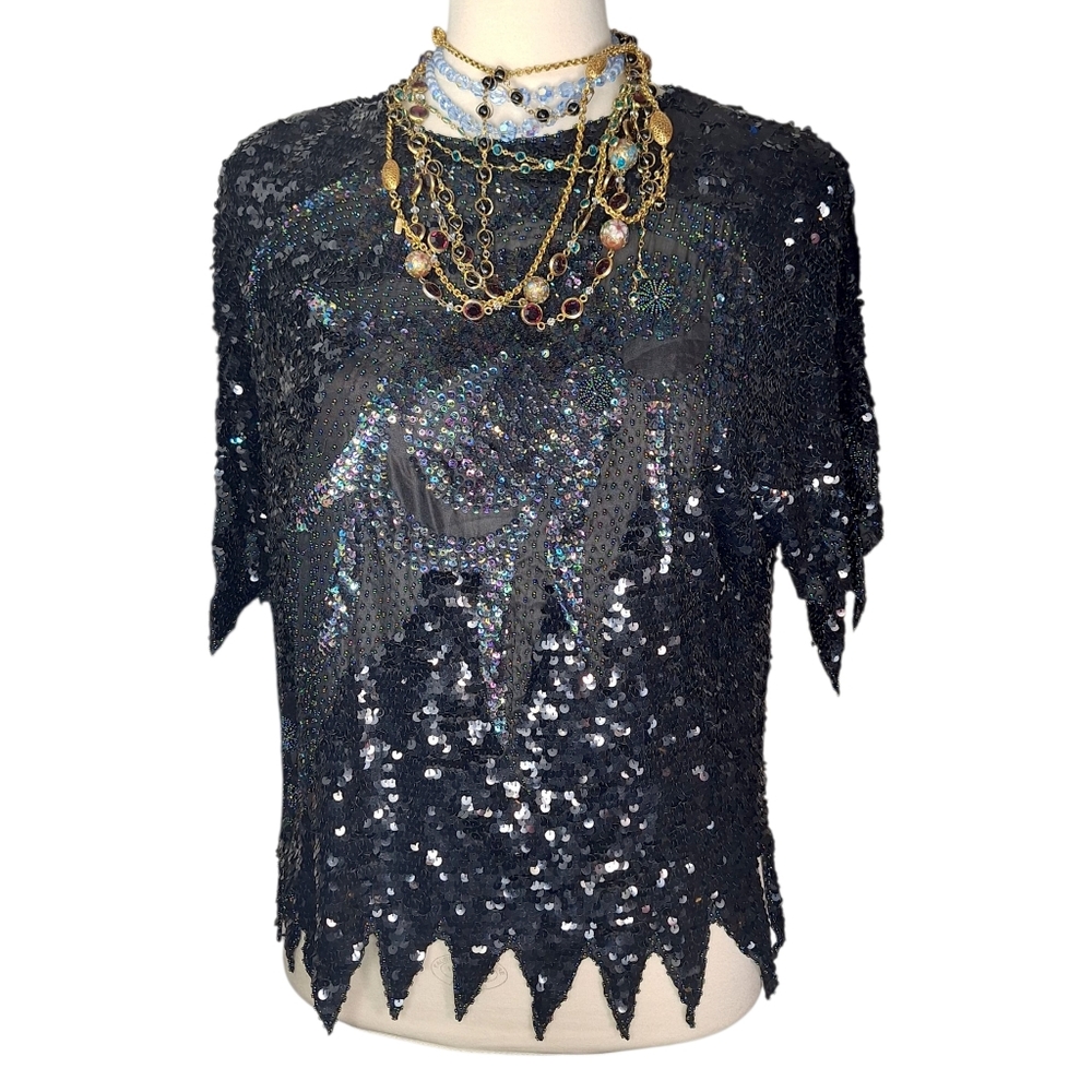 Vintage 80s 90s Sequin Beaded 100% Silk Top Womens Large XL Glam Whimsigoth Boho